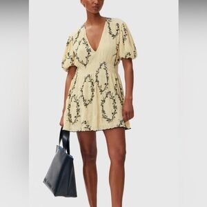 NWT GANNI Pleated Georgette Mini Dress Yellow Floral Dress